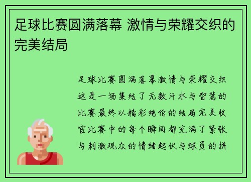 足球比赛圆满落幕 激情与荣耀交织的完美结局