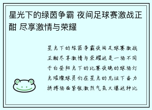 星光下的绿茵争霸 夜间足球赛激战正酣 尽享激情与荣耀