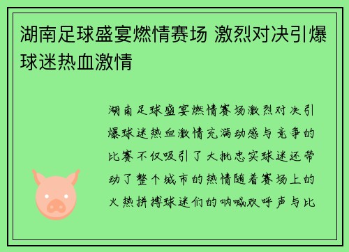 湖南足球盛宴燃情赛场 激烈对决引爆球迷热血激情