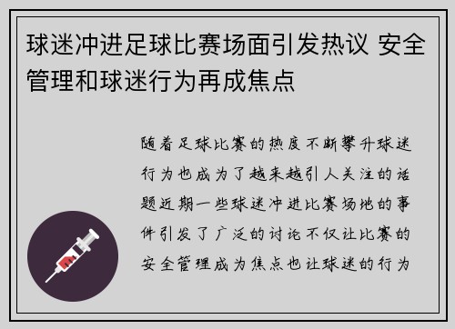 球迷冲进足球比赛场面引发热议 安全管理和球迷行为再成焦点