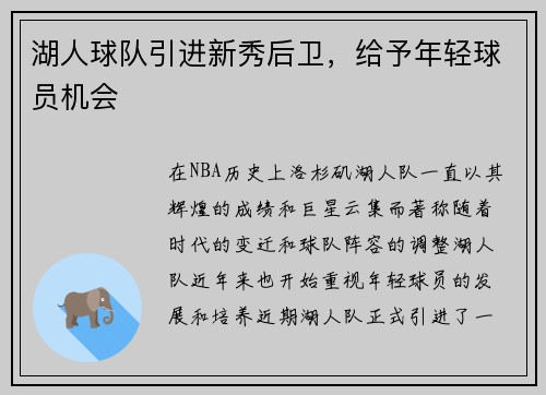 湖人球队引进新秀后卫，给予年轻球员机会